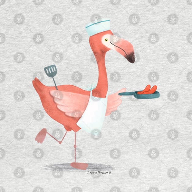 Flamingo frying sausages by julianamotzko